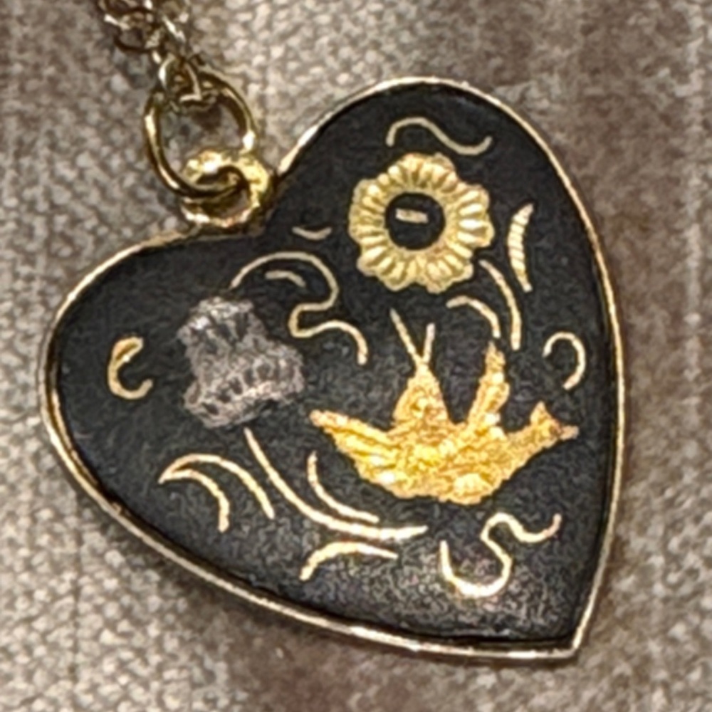 Vintage Black & Gold Heart Pendant Necklace with Floral and Bird Damascene